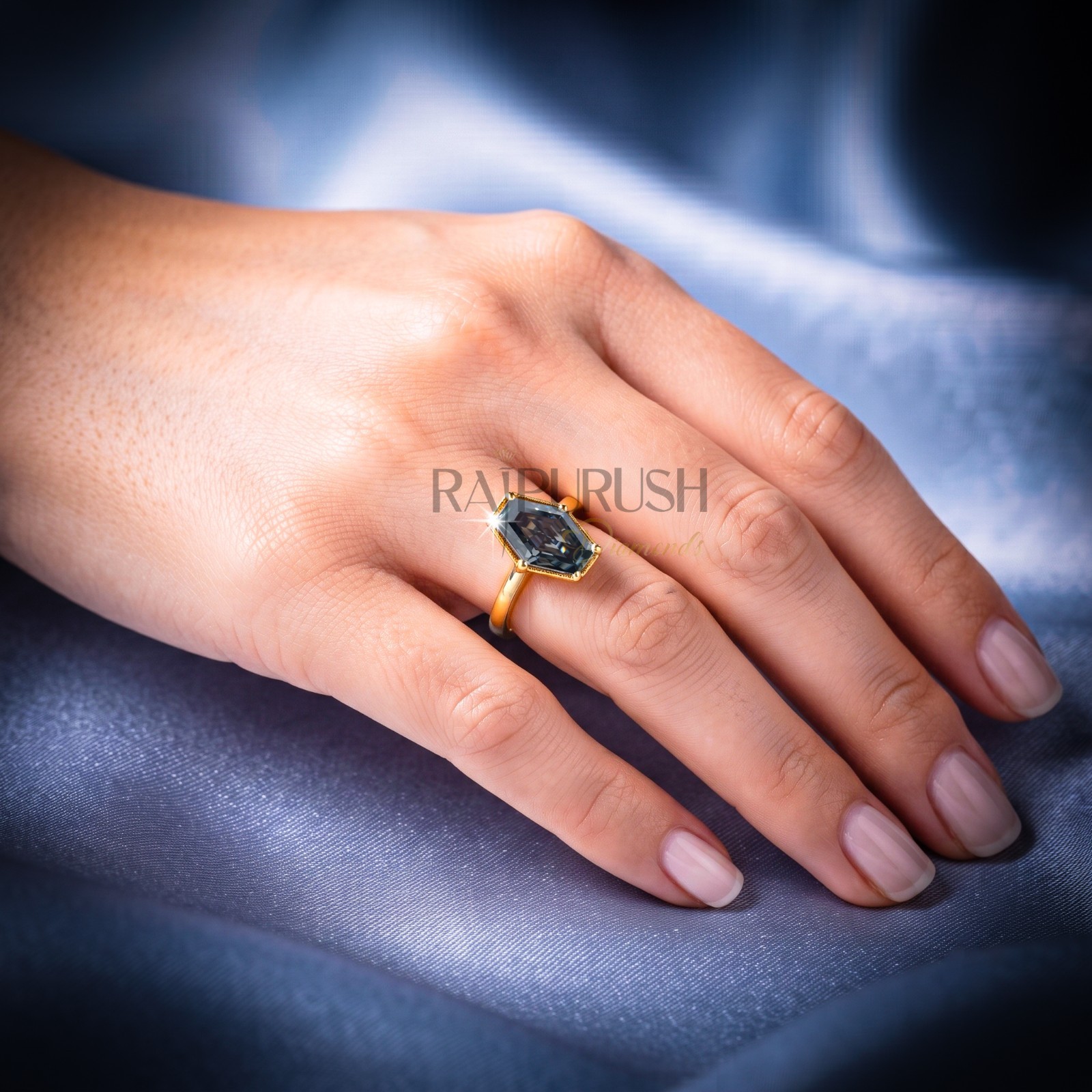 Hexagon Dark Grey Moissanite Engagement Ring 925 Silver Gold Plated Women Gift