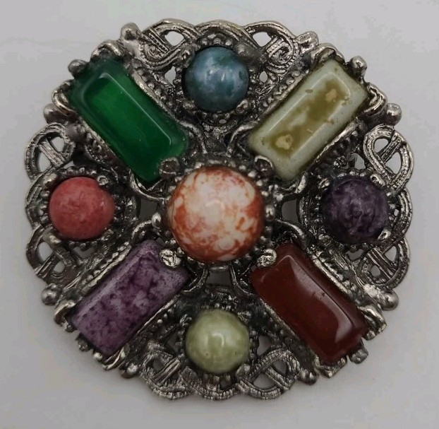 Silver Brooch Multiple Various Stones Vintage