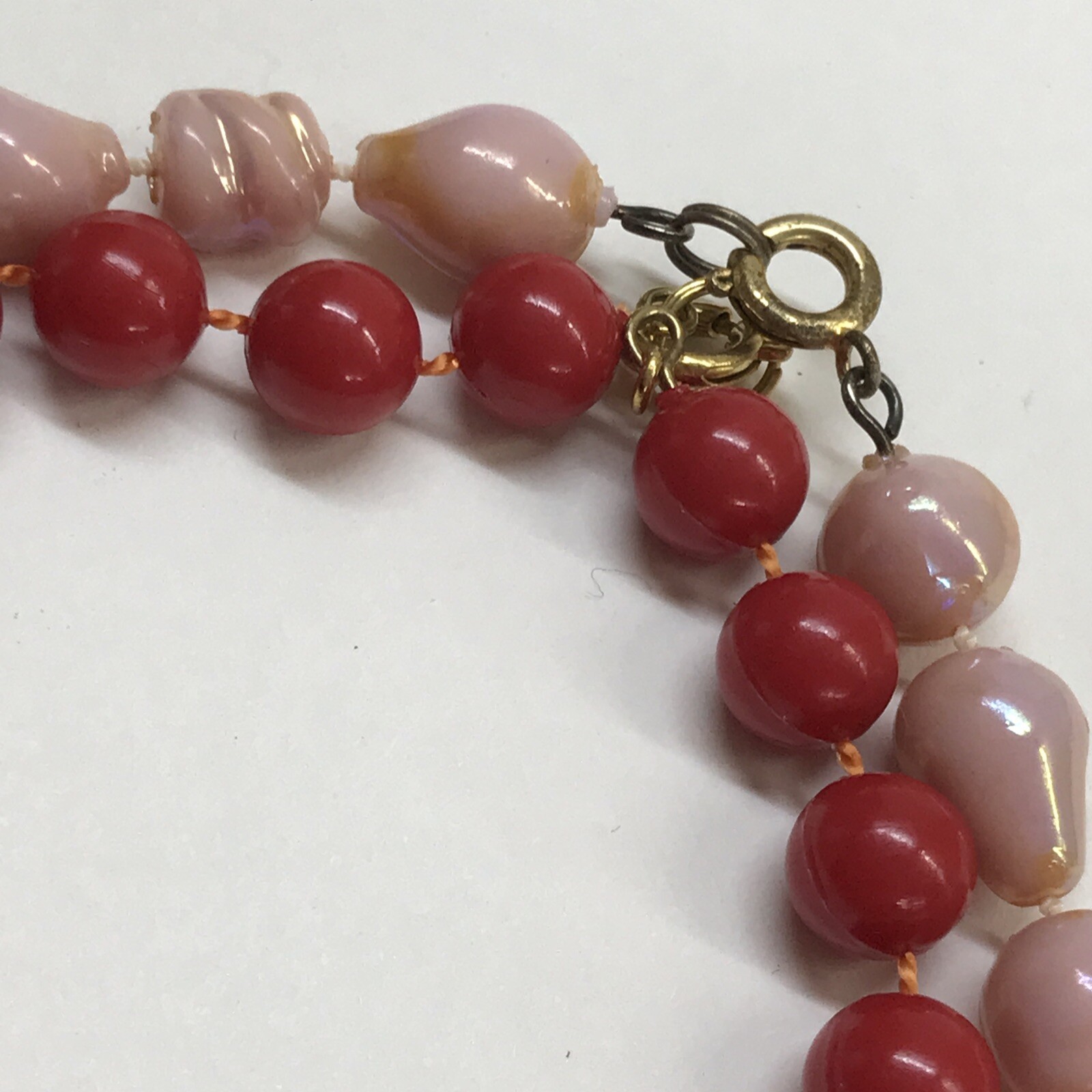 Vintage Set of 2 19″ Strand String Necklace Pink Shell Look and Red