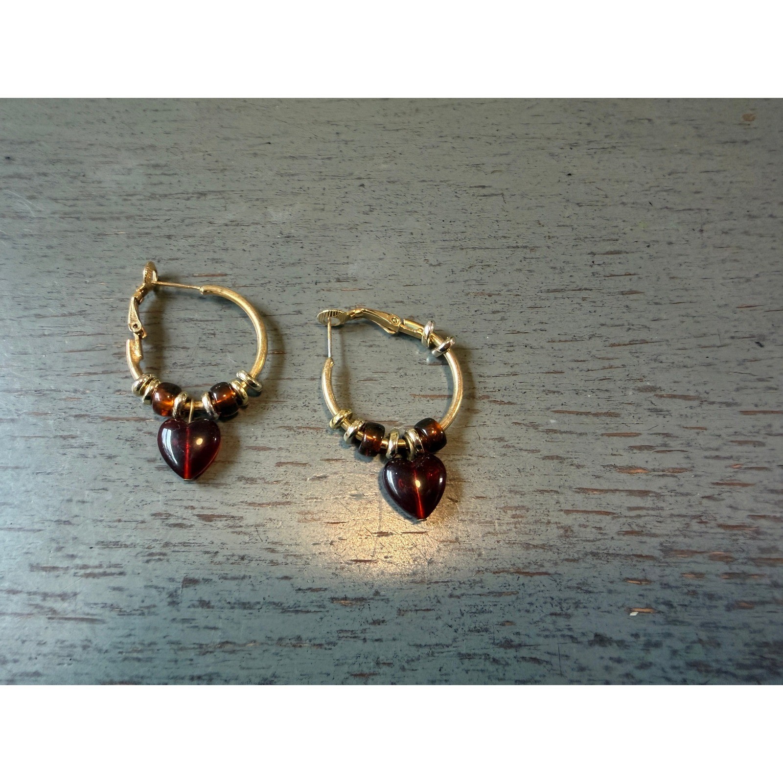 Gold Tone Hoop Earrings with Red Heart Beads and Amber Accents Latch Back