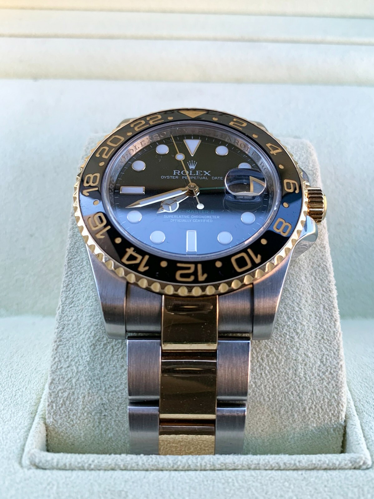 Rolex GMT-Master II Two Tone Gold Ceramic Bezel Black Dial Bidirectional Bezel