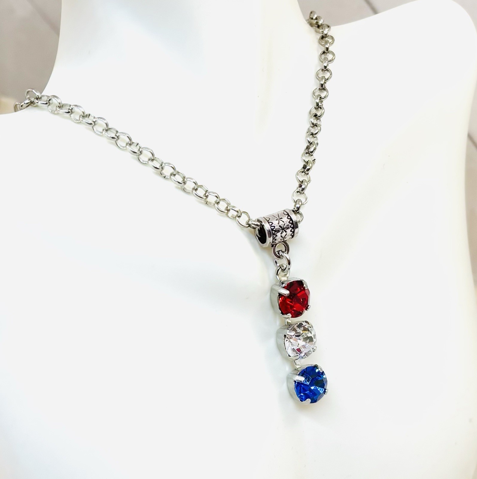Rhodium Plated Red, White, and Blue Crystal Pendant Necklace Patriotic Necklace