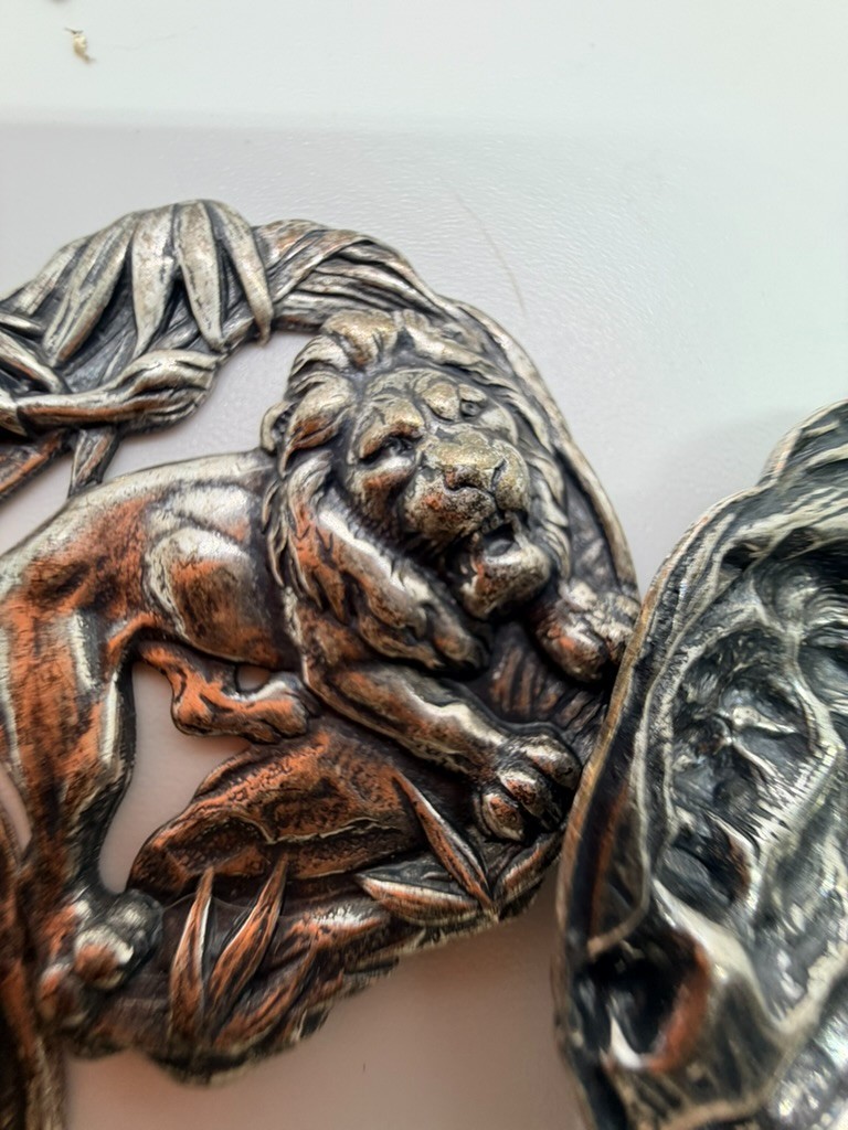 Vintage Silver Coated Brass Jungle Lion Stampings Findings Lot of 3