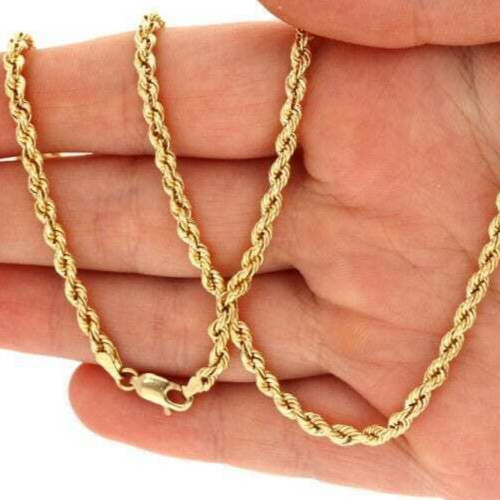 14K Yellow Gold 3mm Thick Hollow Rope Chain Necklace Lobster Clasp 20″