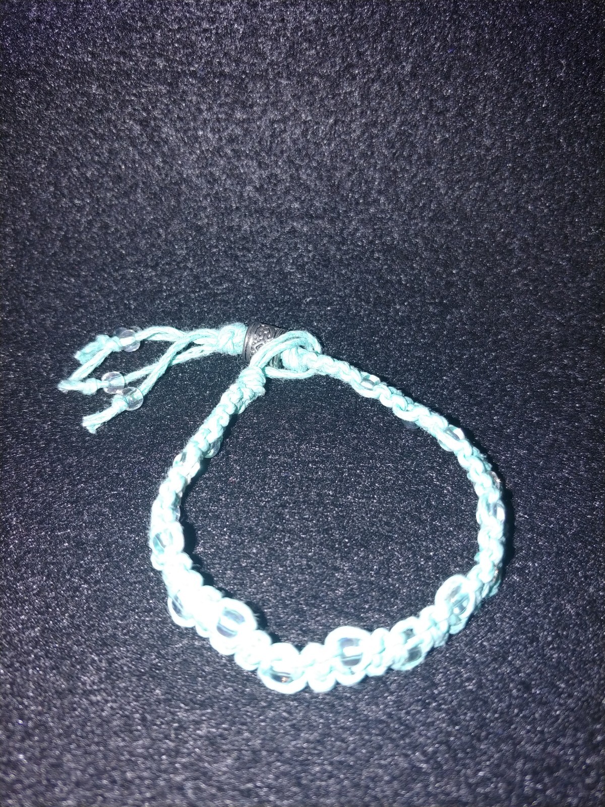 Soft turquoise woven hemp bracelet w/ clear & silver beads handmade approx. 7 in