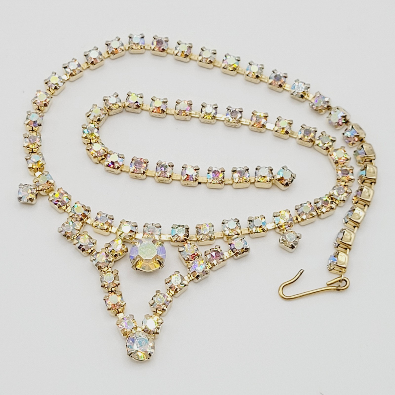 Swag or V Style Drop Choker AB Rhinestone Necklace Gold Tone Vintage 15 inch