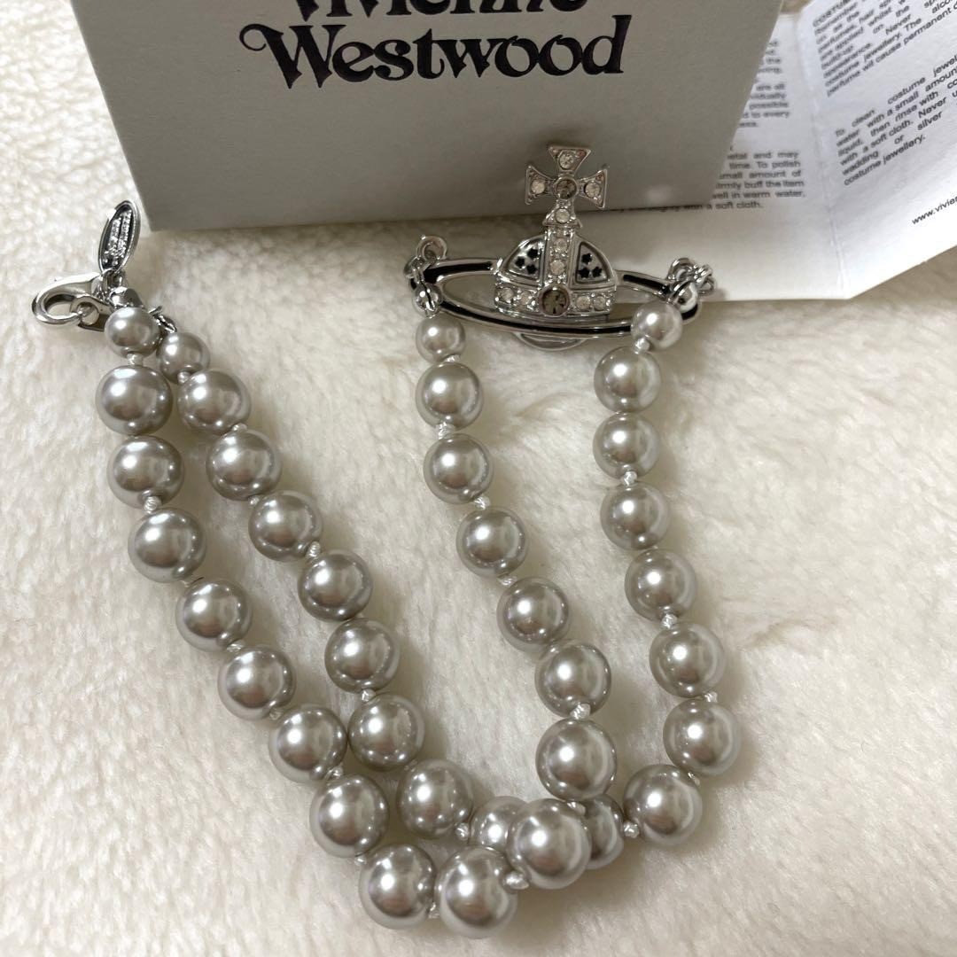 Vivienne Westwood Necklace Pearl Orb Choker Silver Black (Gray) w/Pouch NO BOX