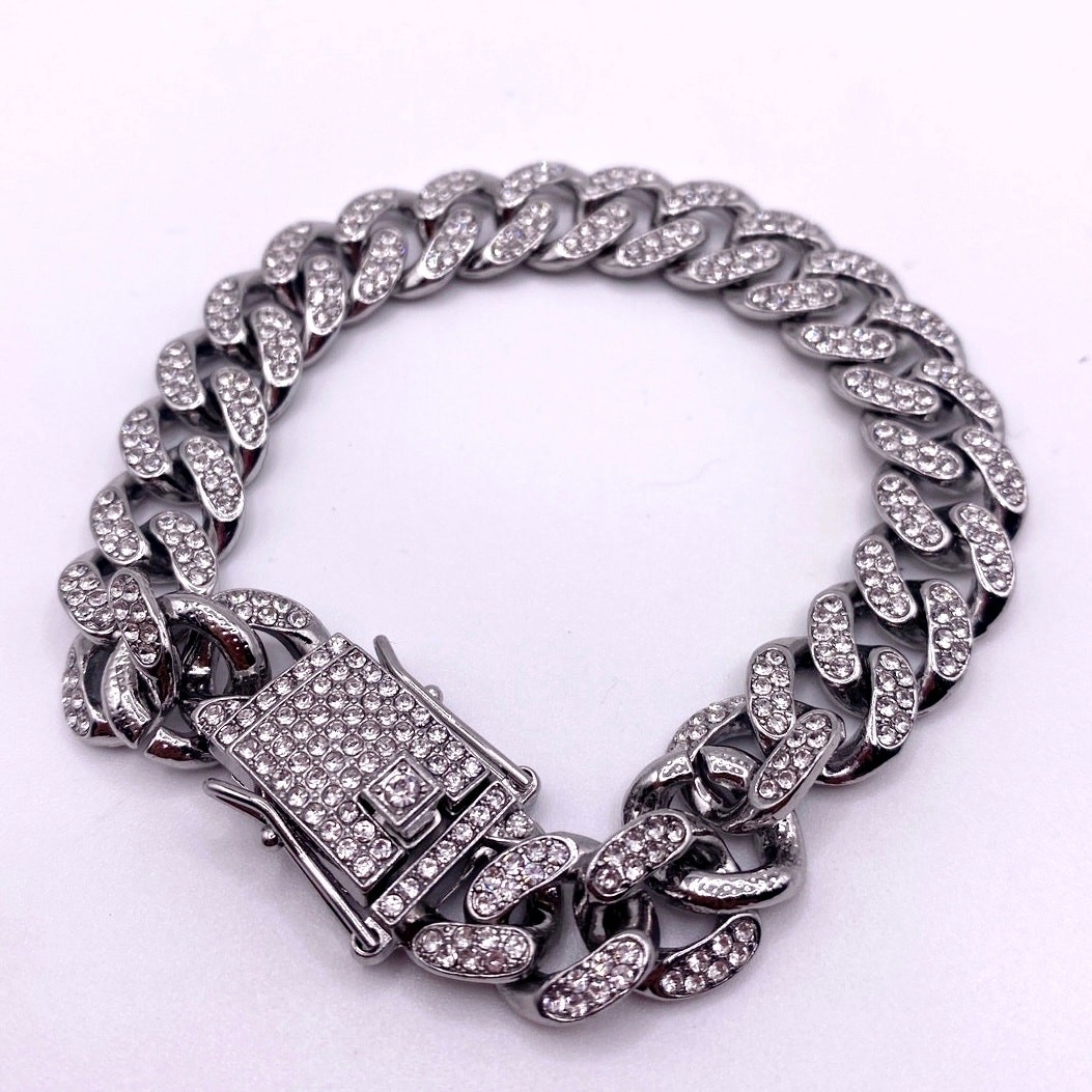 Silver Tone Cuban Link Full Rhinestones Pave Alloy Bracelet