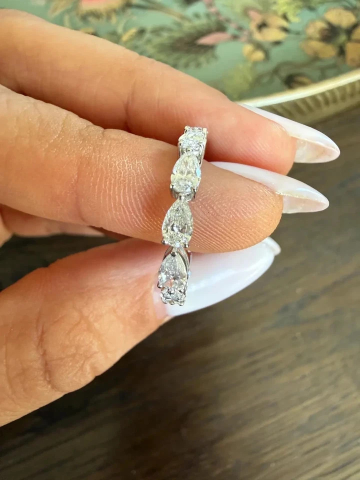2.40Ct EAST-WEST PEAR-Cut Natural Diamond Full Eternity Band 14k White Gold 6 7