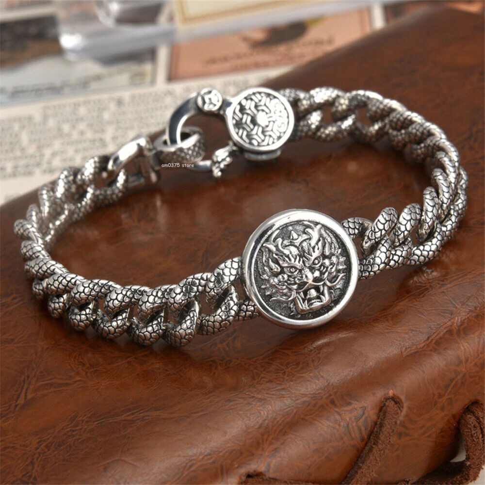 Solid Sterling Silver 925 Metal Purity Bracelet Dragon Head Curb Link Chain