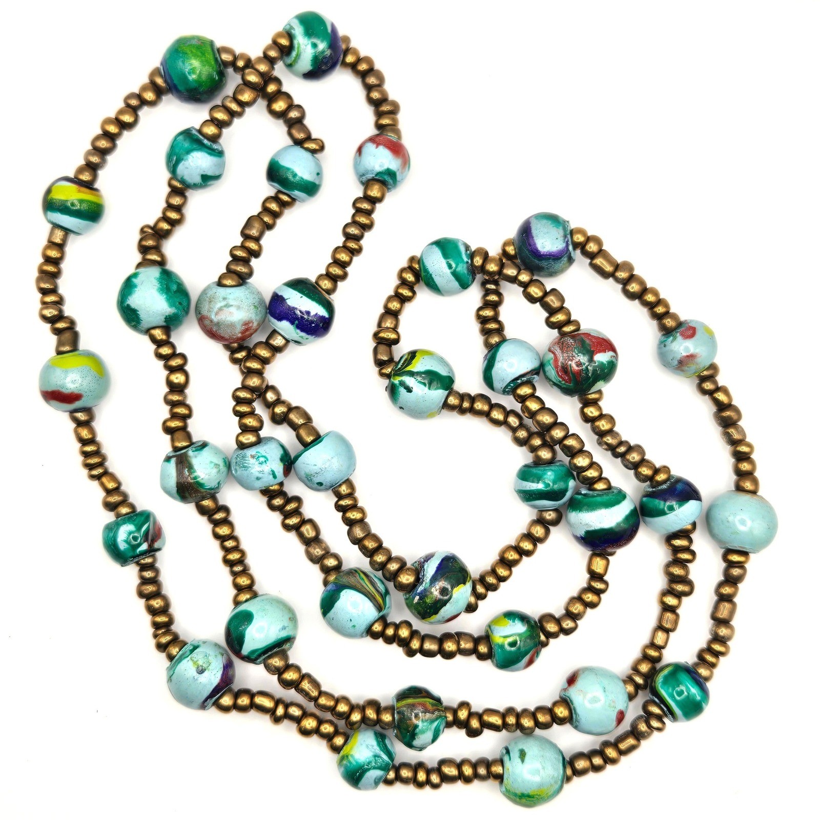 Hand Painted Artisan Bead Necklace Long 40″ Boho Strand Blue Green Bronze Tone