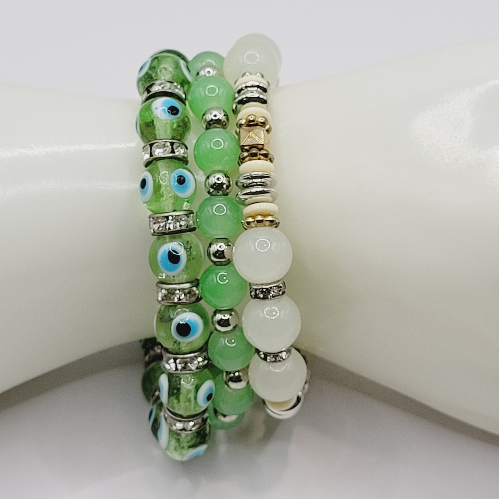 Modern Three Glass Bead w Rhinestone Jade Milky Glass Color Stretch Bracelet Set