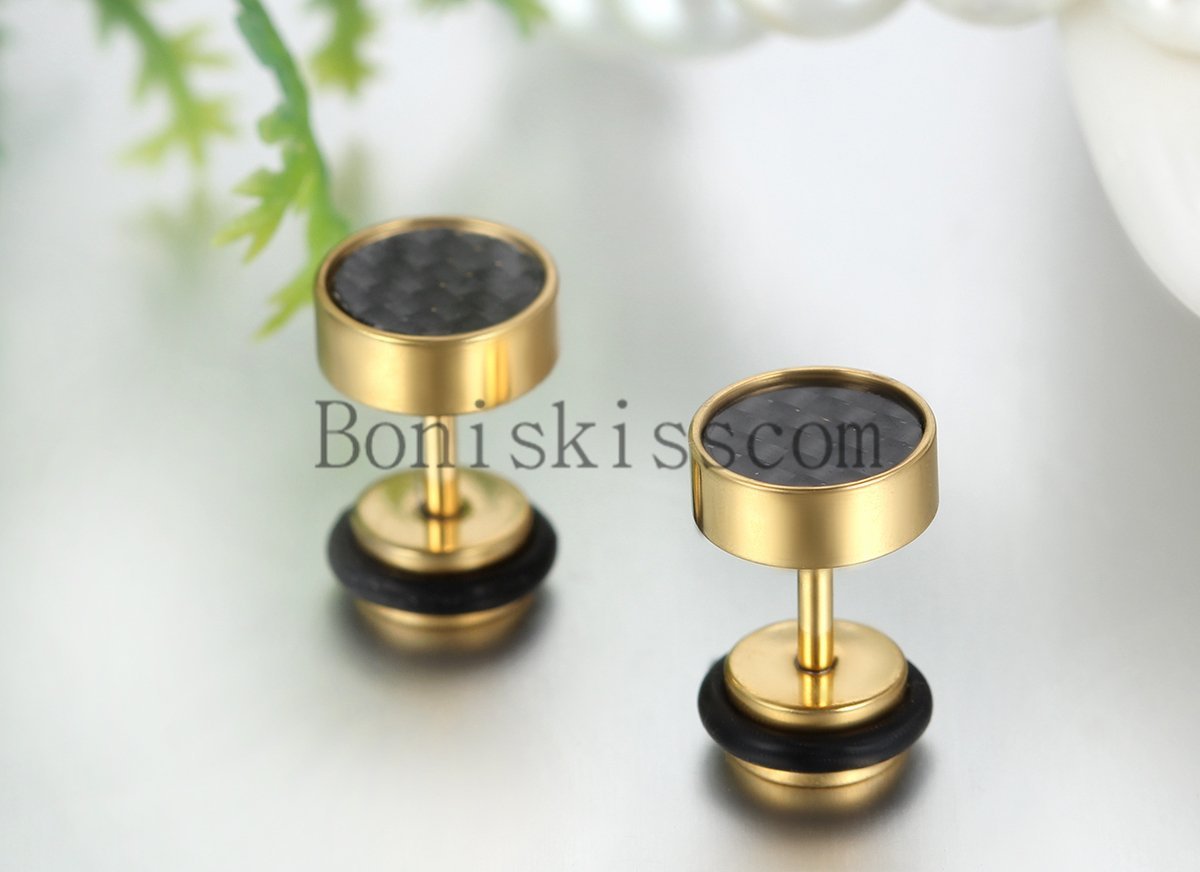 Men’s Women’s Stainless Steel Carbon Fiber 8mm Round Barbell Stud Earrings 2Pcs