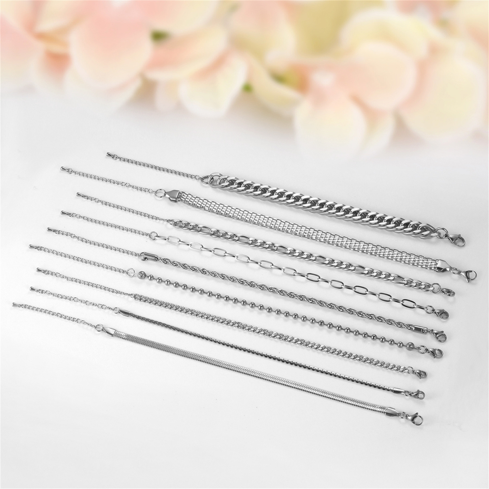 9pcs Men Women Mix Twisted Cuban Chain Stainless Steel Bracelet Adjustable 7″-9″