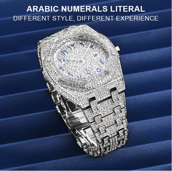 Arabic Hip Hop Luxury Ice out Men Watch Iced Bling Silver Cz Diamond Waterproof