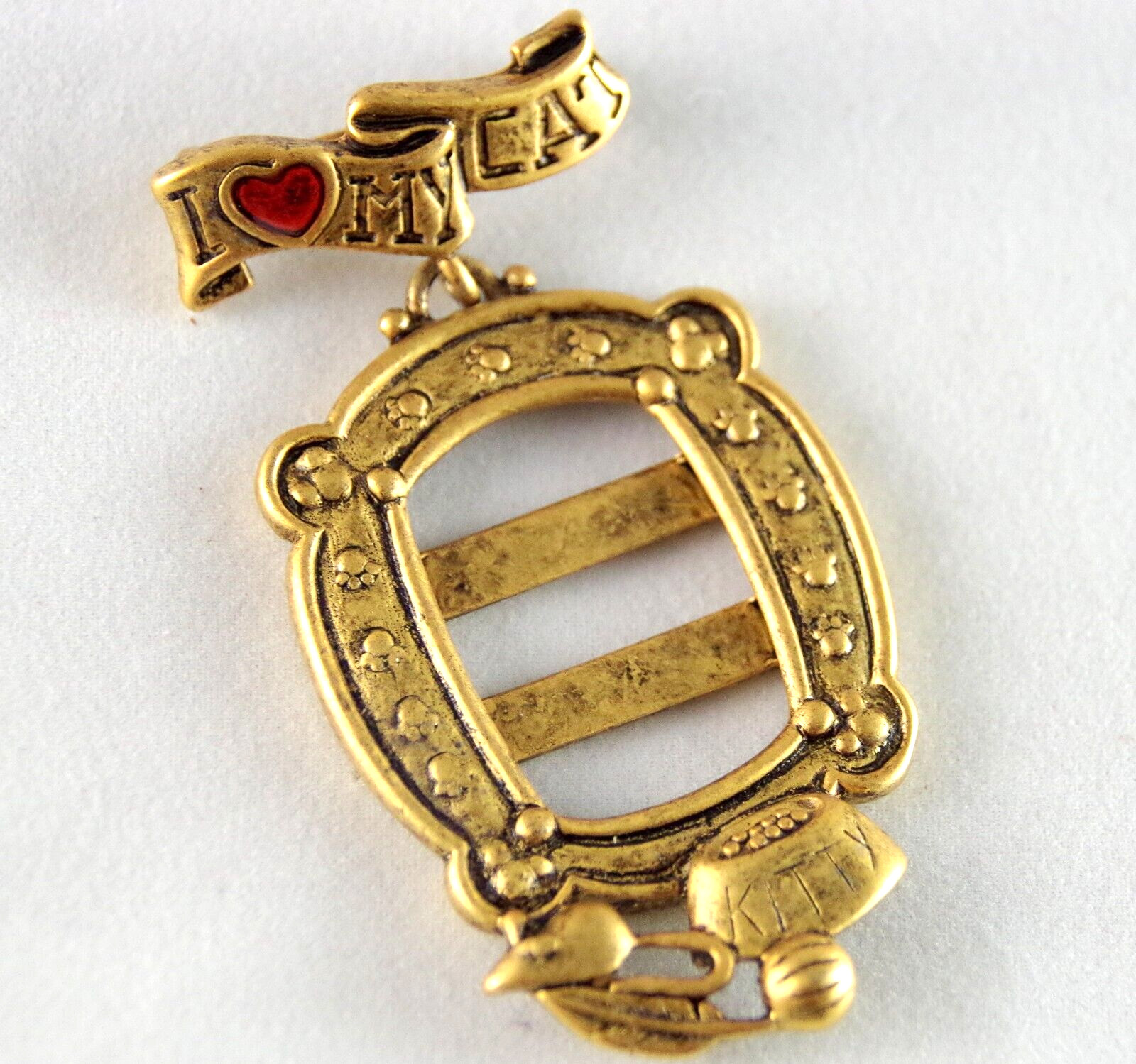 2.5″ NOS VTG c1980’s DANECRAFT I ❤️ LOVE MY CAT PHOTO FRAME GOLD PEWTER BROOCH