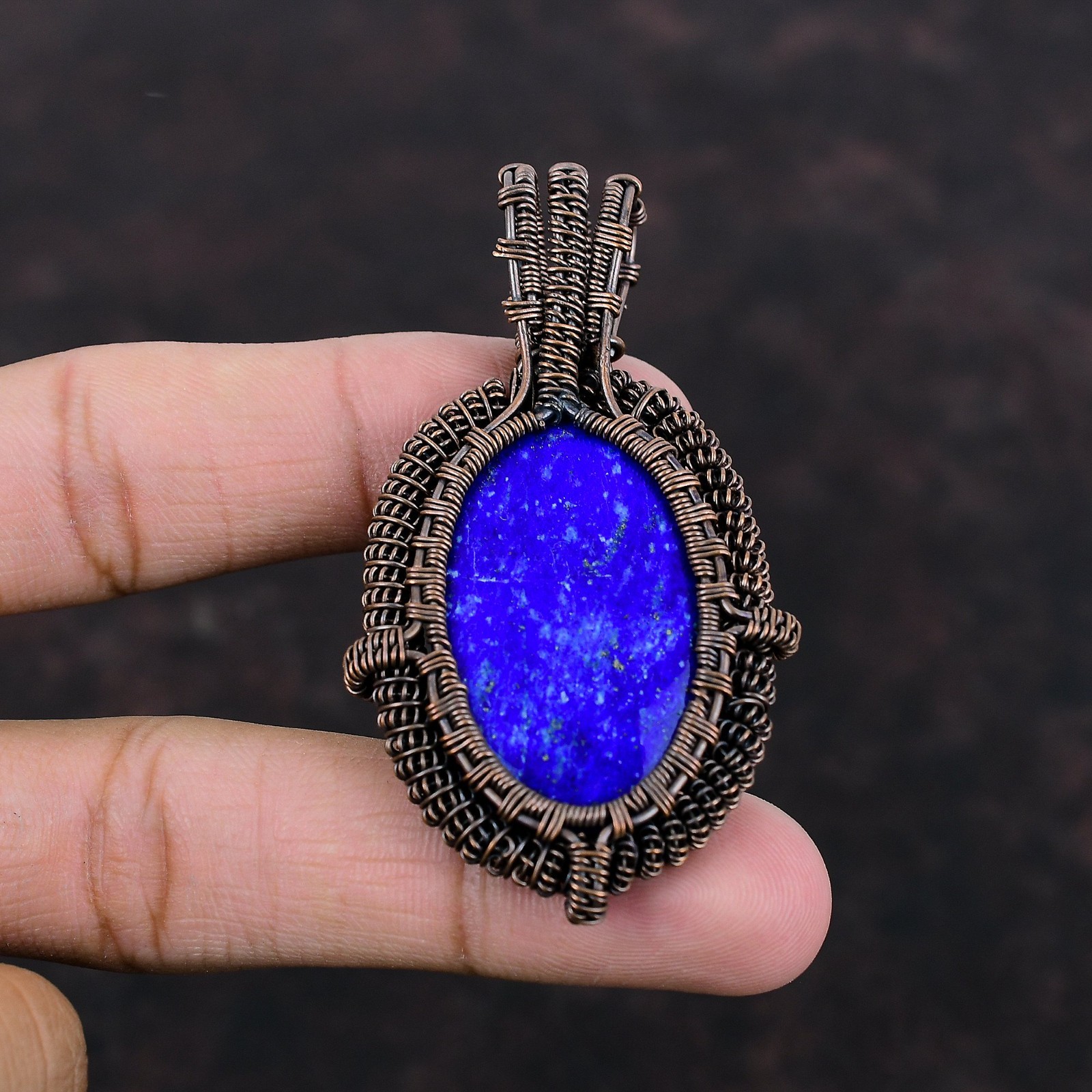 Lapis Lazuli Gemstone Copper Sister September Birth Wire Wrapped Pendant Jewelry
