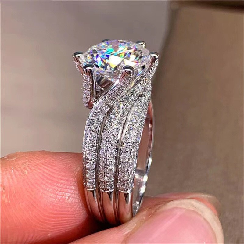 5 Carat Round Cut Moissanite Engagement Wedding Ring Real S925 Sterling Silver