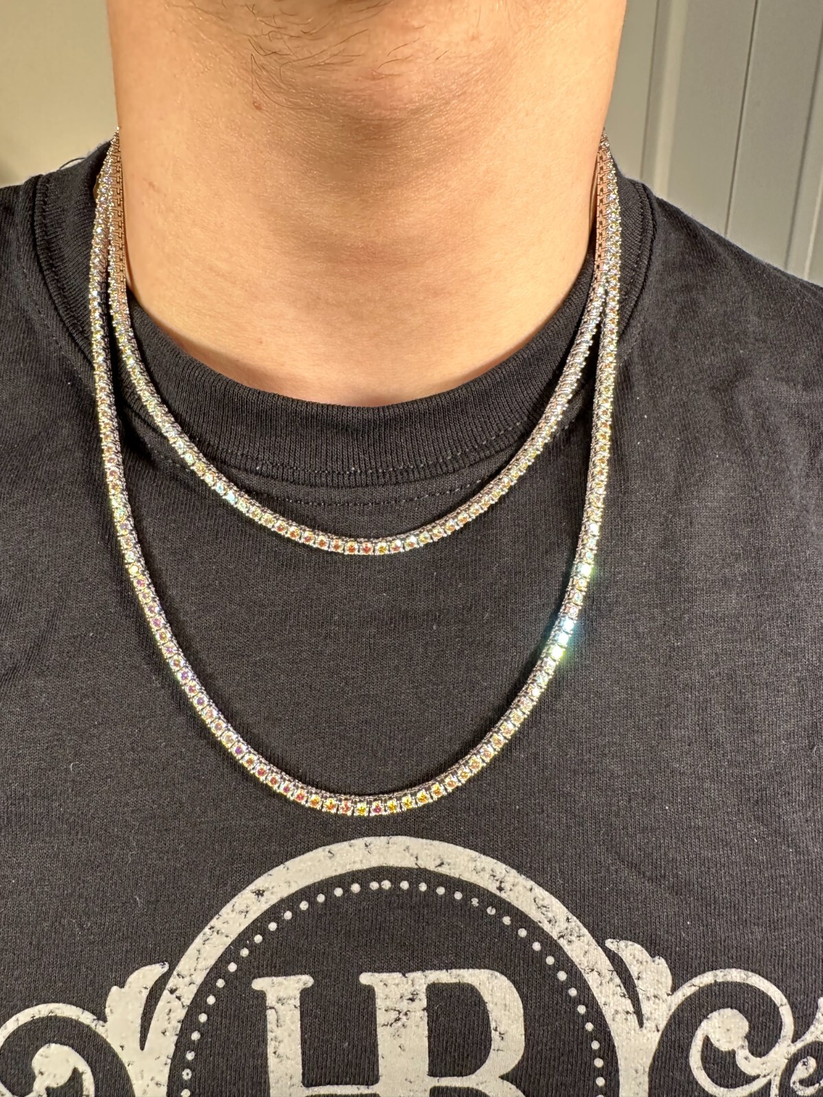 Real Opal Rainbow MOISSANITE 3mm Tennis Chain 925 Silver Iced Necklace Pass Test