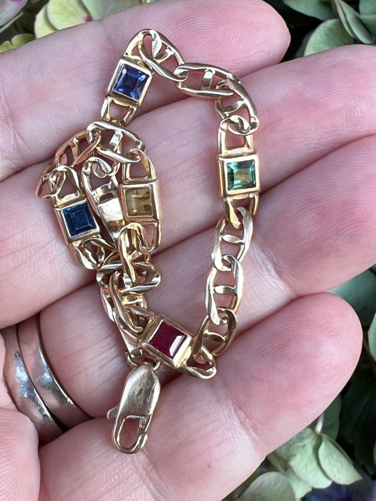14K YELLOW GOLD MULTI GEMSTONES FIGARO BRACELET MADE IN ITALY CANDY COLORS