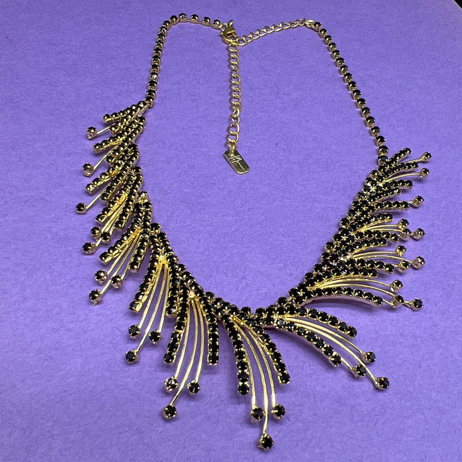 Gold Tone With Black Prong Set Rhinestones 14”-18” Necklace (6721)