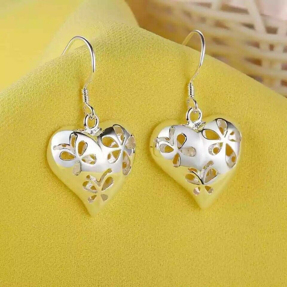 Women’s Silver Plated Heart Filigree Hook Earrings Gift US Seller A13