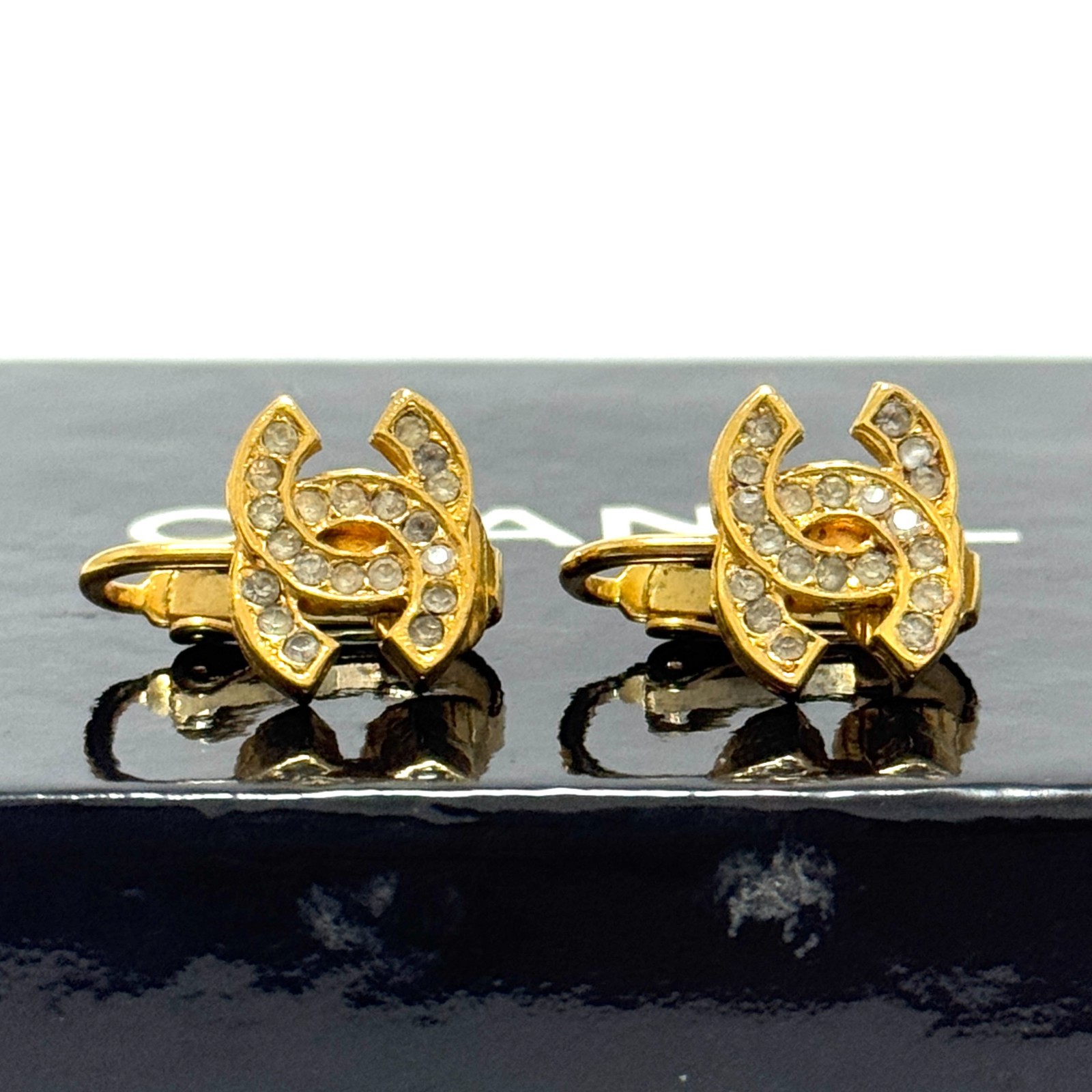 CHANEL 2092 CC Logo COCO Mark Earrings Gold Rhinestone Clip-On Authentic JAPAN