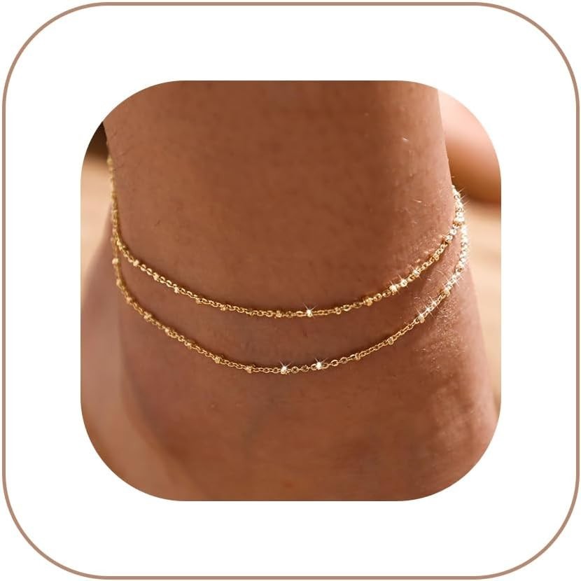 Trendy Waterproof Gold/Silver Anklets Set – Layered Cuban & Herringbone Style
