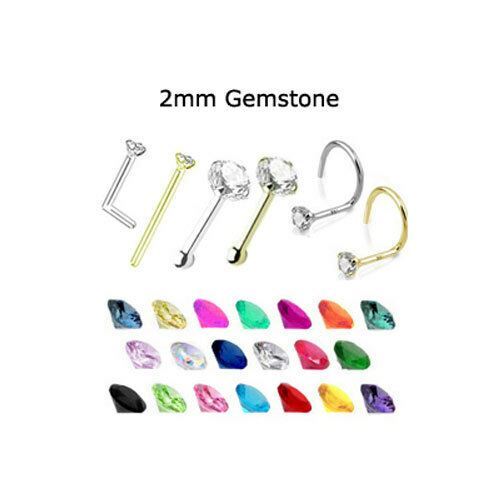 18K Solid White or Yellow Gold Nose Ring Stud Screw L Bend Bone 2mm CZ 20G