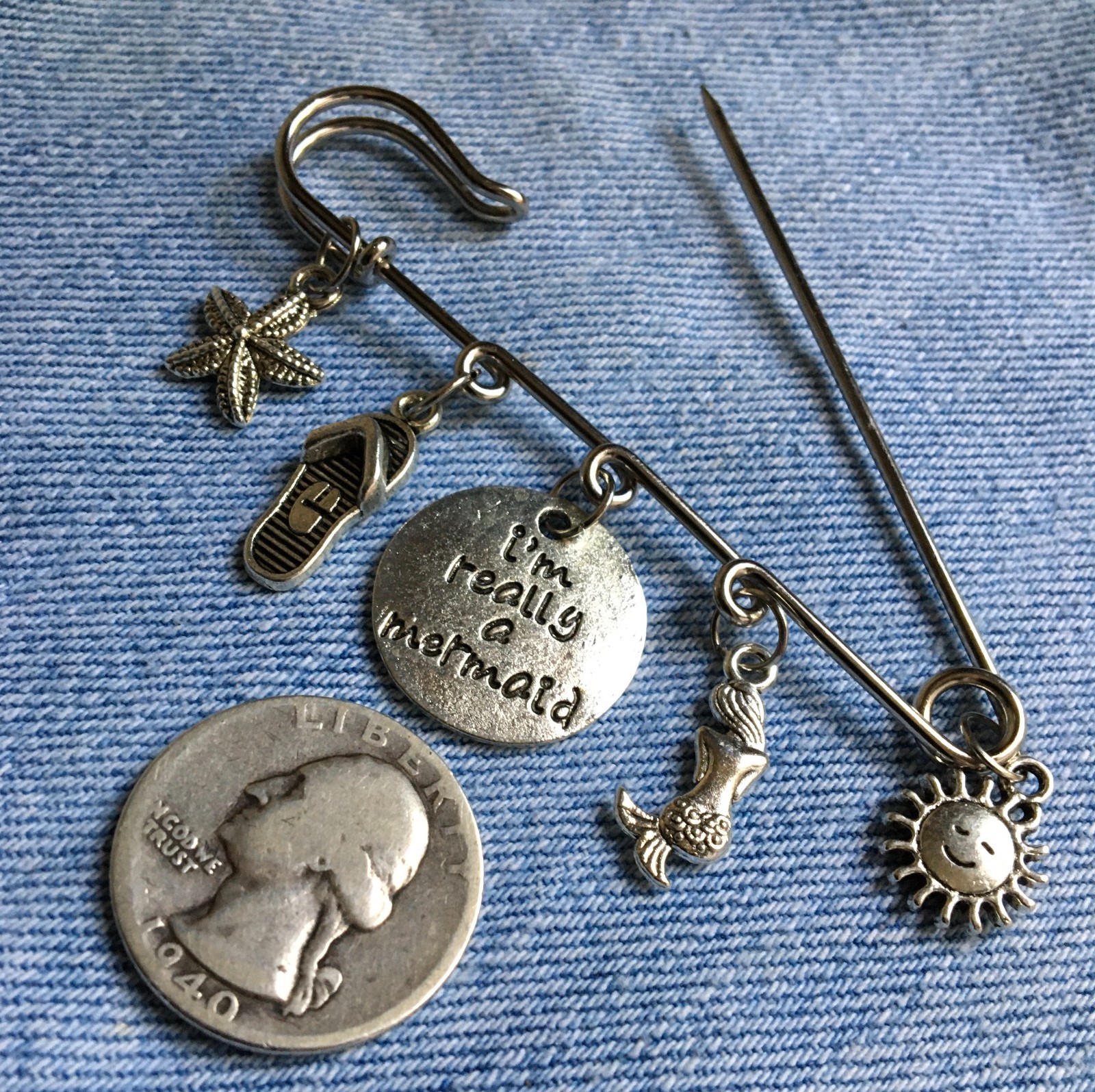 3″ BIG SAFETY PIN w/ BEACH THEME CHARMS – Hanging Flip-Flop Mermaid Starfish +