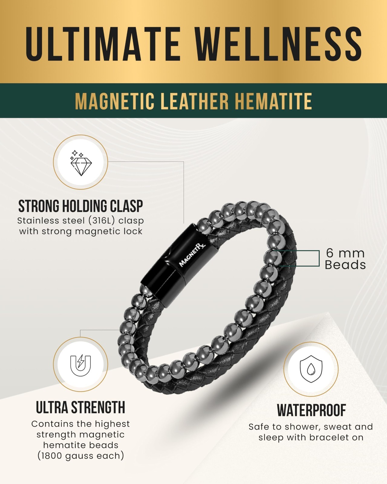 Max Strength Magnetic Hematite & Leather Bracelet – Men’s Beaded Jewelry (Large)