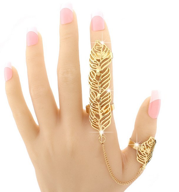 Gold Rhinestone Leaf Slave Chain Link Flexible Rings Joint Fingers Gift Party AK