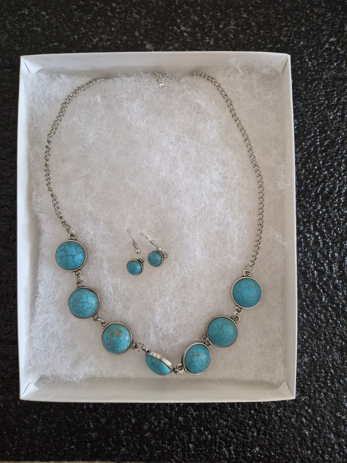 Costume Jewelry Necklace and Earring Set, Turquoise Colored Round Gems