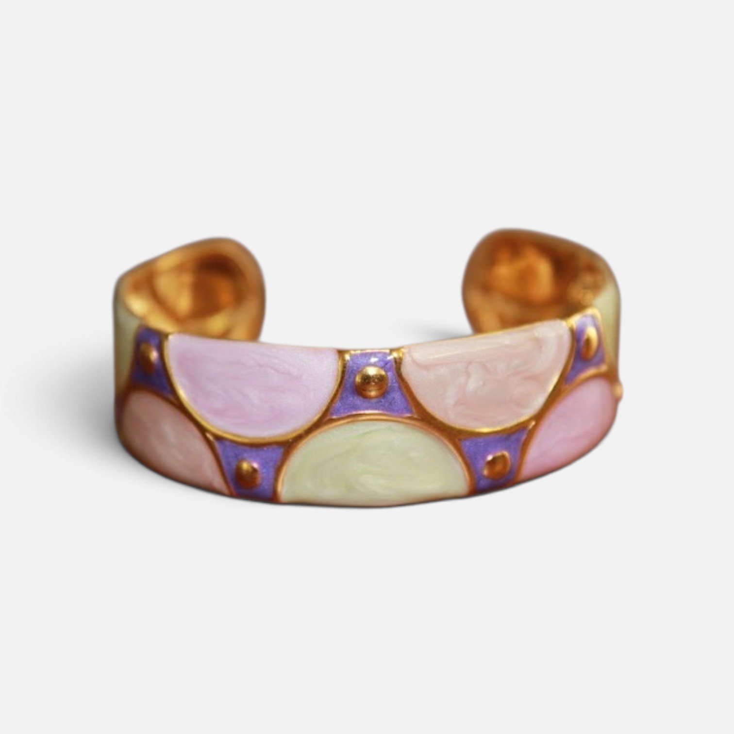 Gold Plated Stainless Steel French Retro Open Cuff Enamel Marble Bangle, S-M