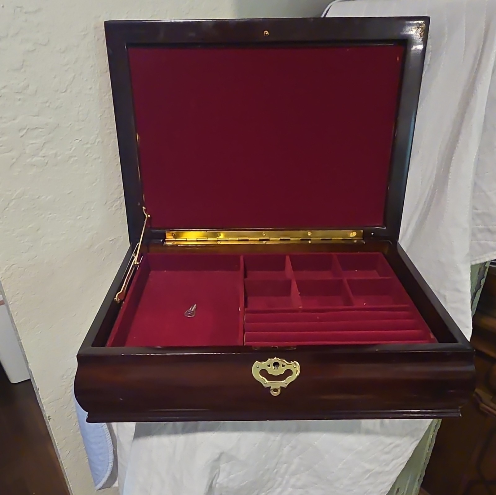 Vintage 1994 Wooden Jewelry Box Chest Burgundy Velvet Lock Key Made in Korea