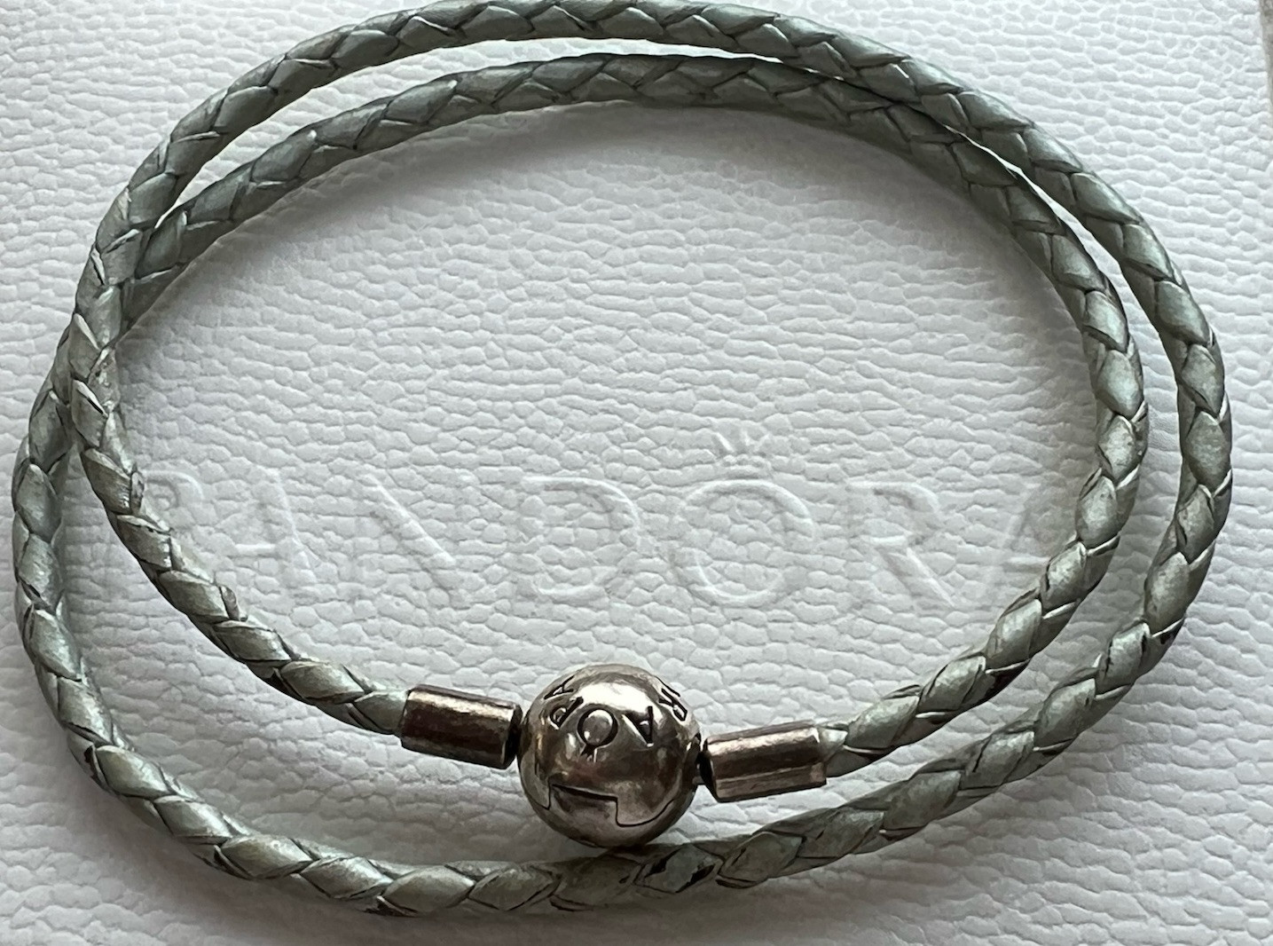 Pandora Green/Grey Leather Bracelet 36CM 925 ALE Crown Above O,