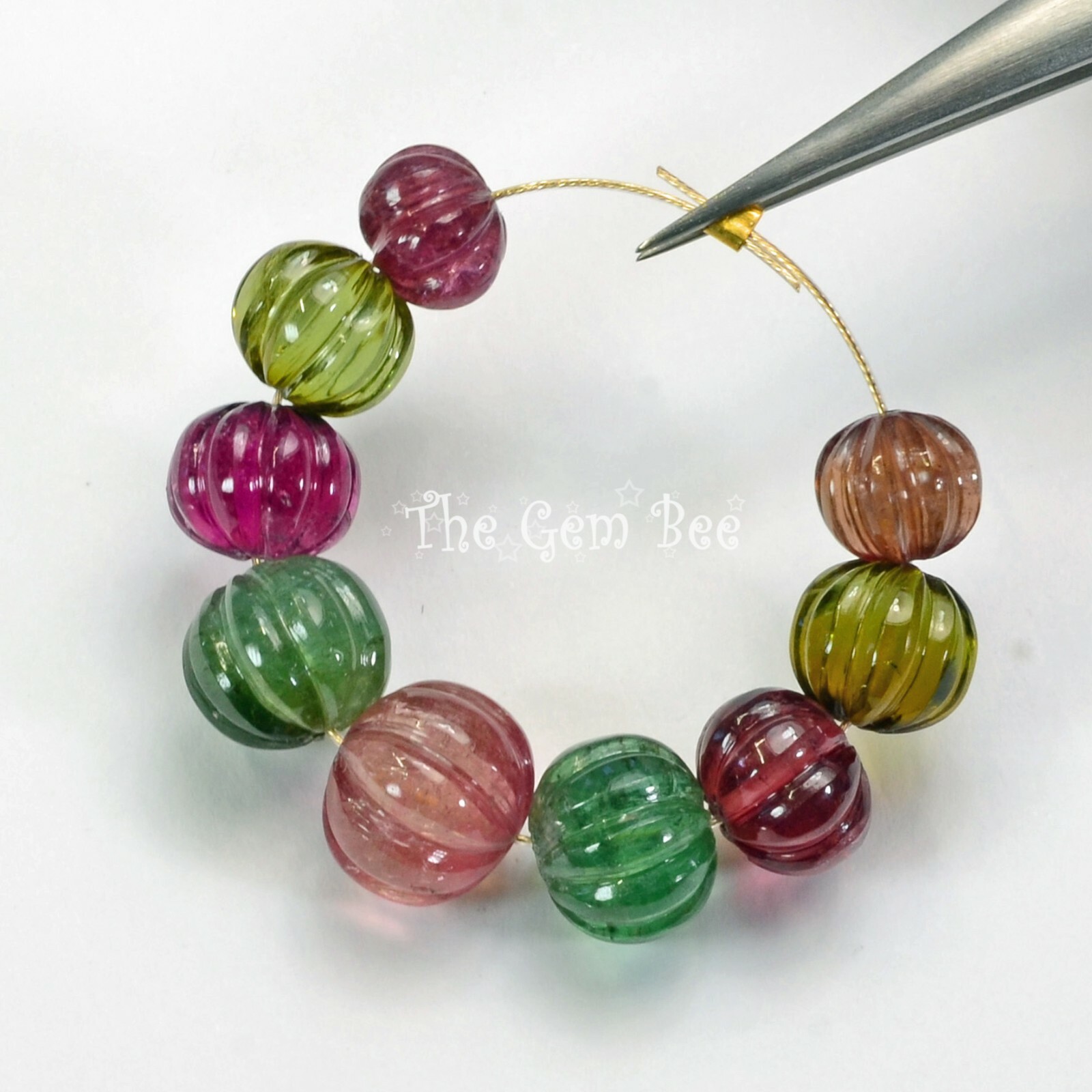 7.8mm-10.6mm Fine Candy Tourmaline Carved Melon Fluted Bead 2.7″ Strand (9)
