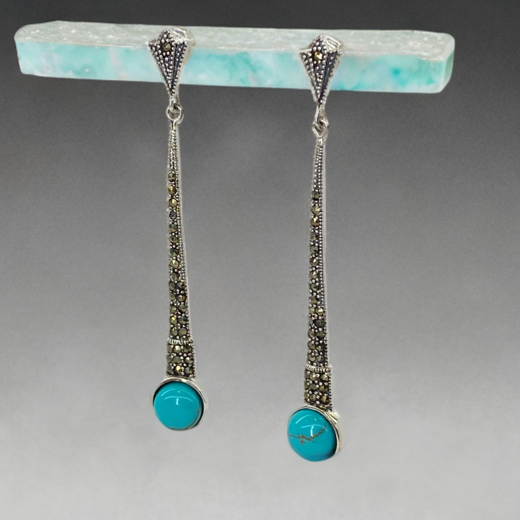 Turquoise Earring Studs 925 Sterling Silver Marcasite Long Drop 6.2cm New