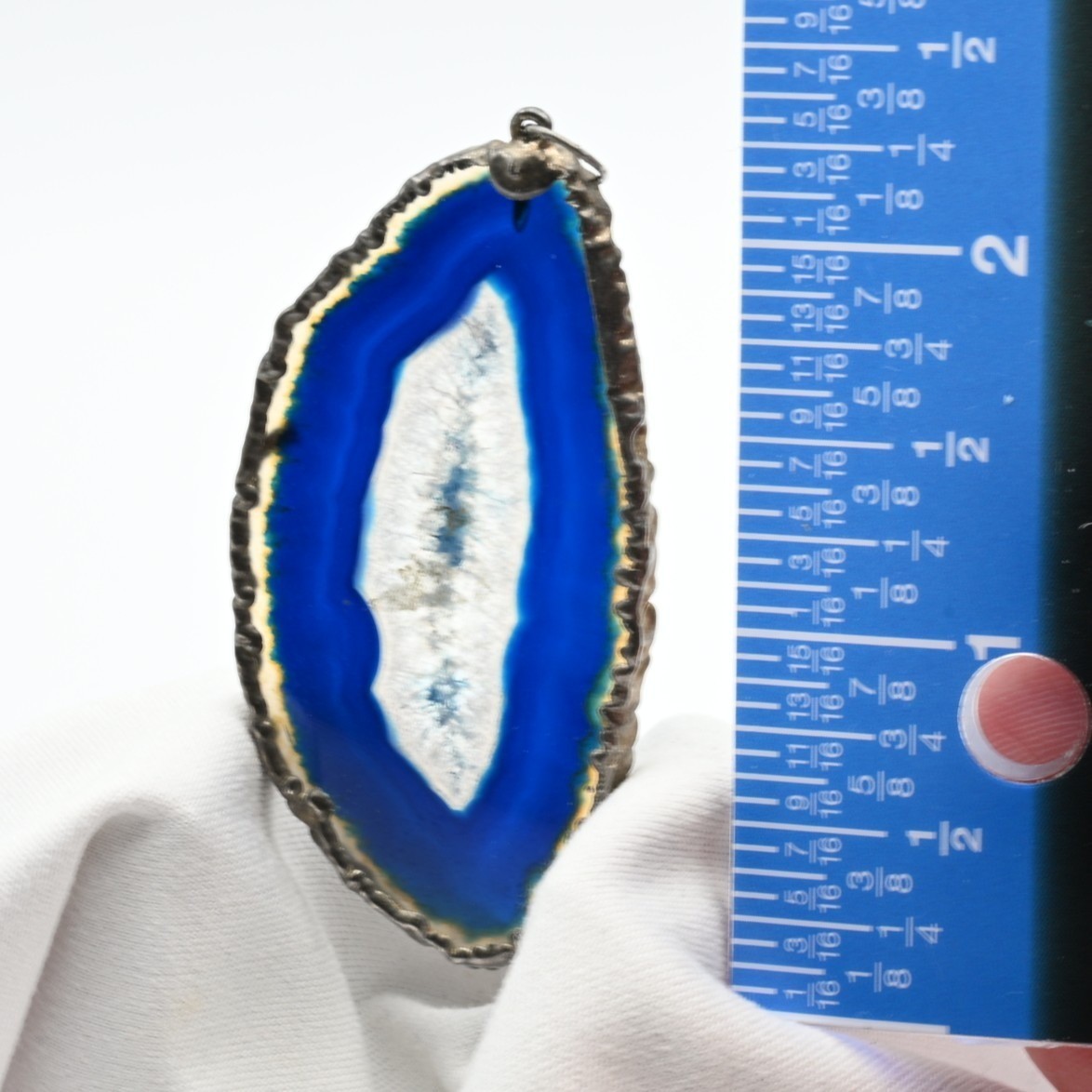 Blue Agate Slice Pendant Silver Tone Bezel Natural Geode Stone Bohemian Jewelry