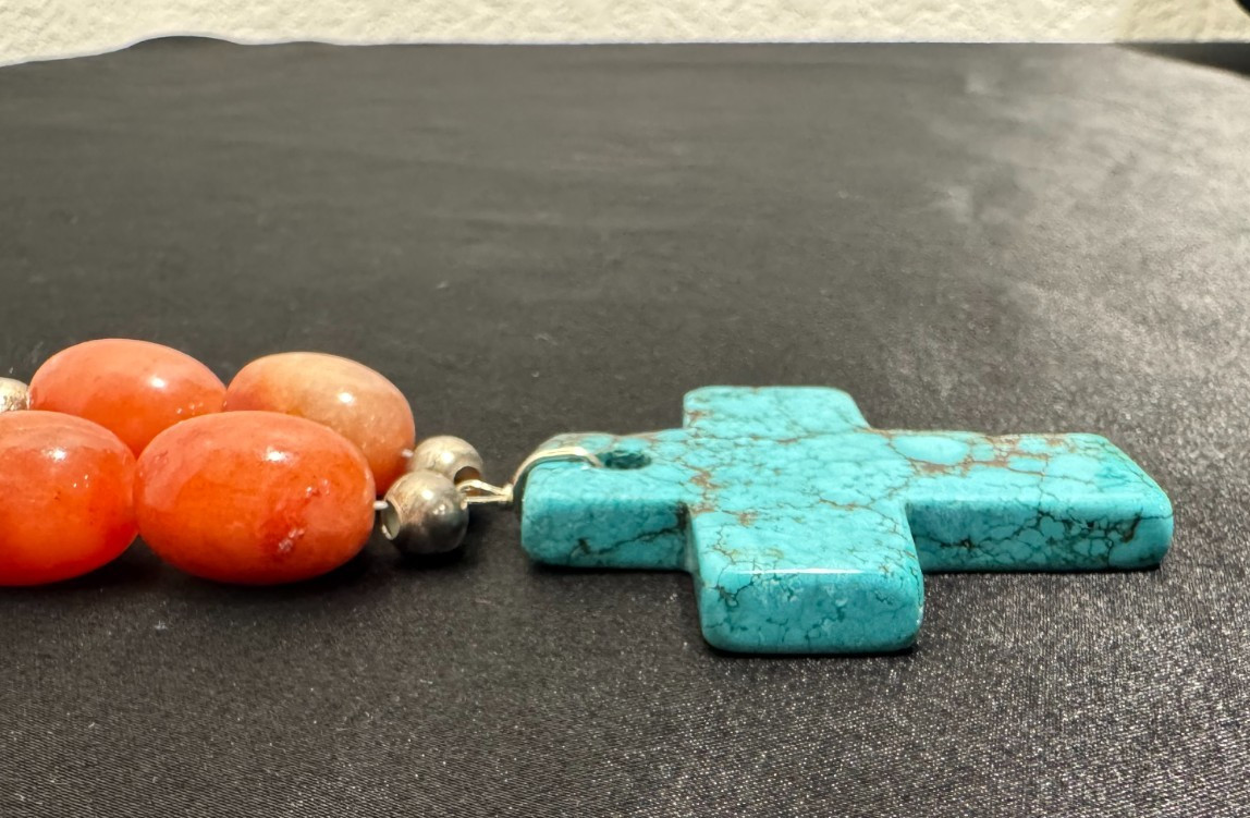 Solid Turquoise Cross Necklace Coral and Sterling Nuggets Heishi Beads 22″ 114 g