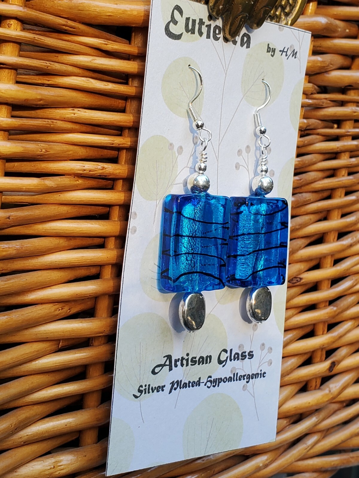 Eutierra Blue Artisanal Glass Earrings Hand Crafted In USA Silver Plated 2 3/4″