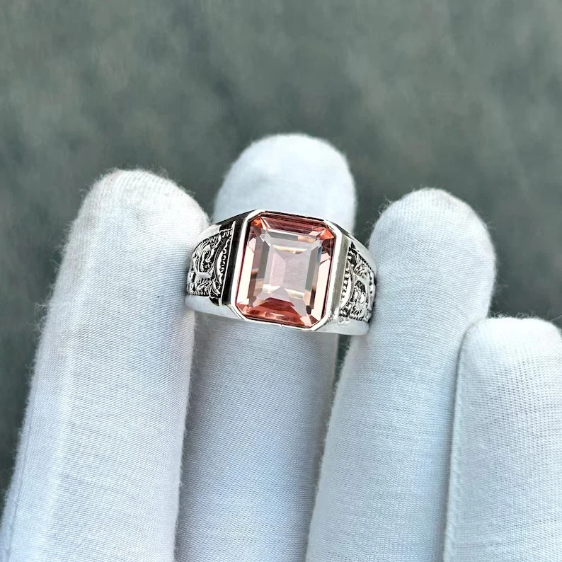 Men’s Morganite Ring 925 Sterling Silver Designer Statement Band Men’s Jewelry