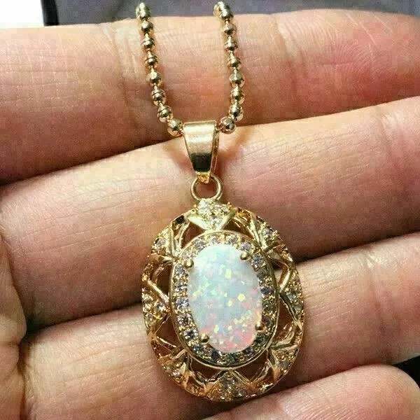 Fire Opal 3Ct Oval Cut Lab Created Vintage Pendant 14K Yellow Gold Plated Silver