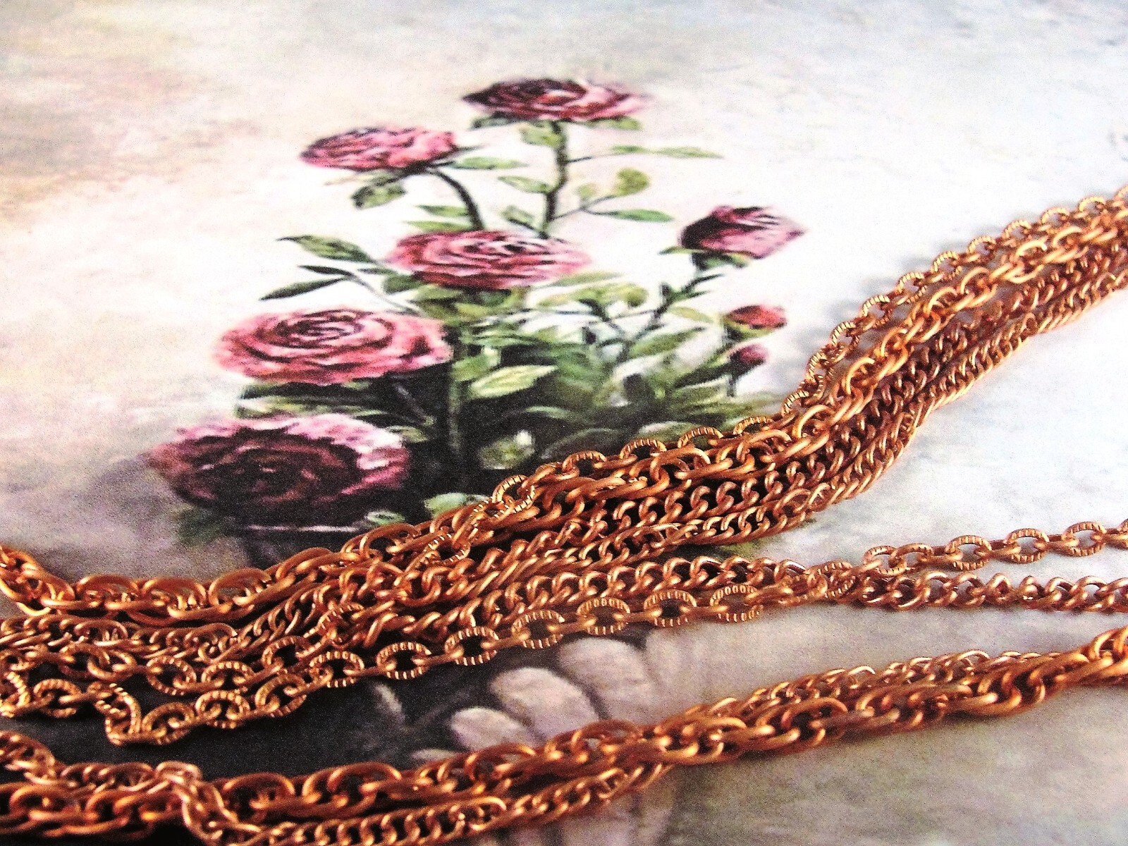 Aged Copper Coated Steel Curb, Cable and Rope Graduated 4 Chain Necklace w/Clasp
