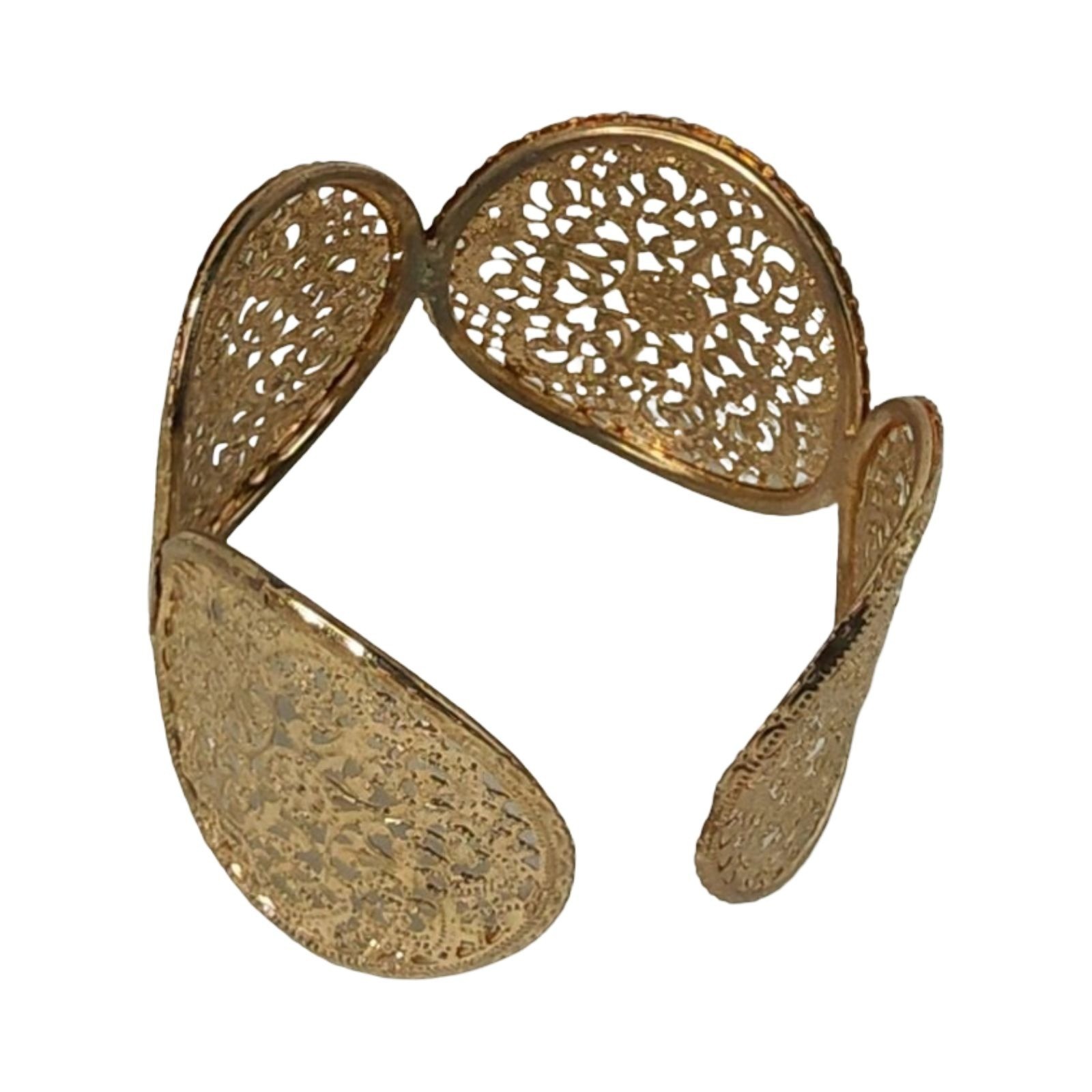 Vintage Gold Tone Oval Panel 7″ Open Cuff Bracelet 1.5″W Medallions