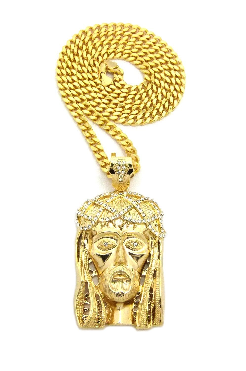 Hip Hop Iced Gold Plated Alloy Cubic Zirconia Big Jesus 30″ Cuban Chain Necklace