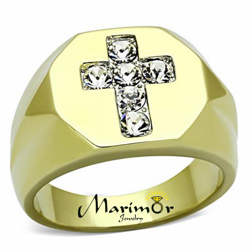 Men’s Stainless Steel 14K Gold Ion Plated Cubic Zirconia Cross Ring Sizes 8-13