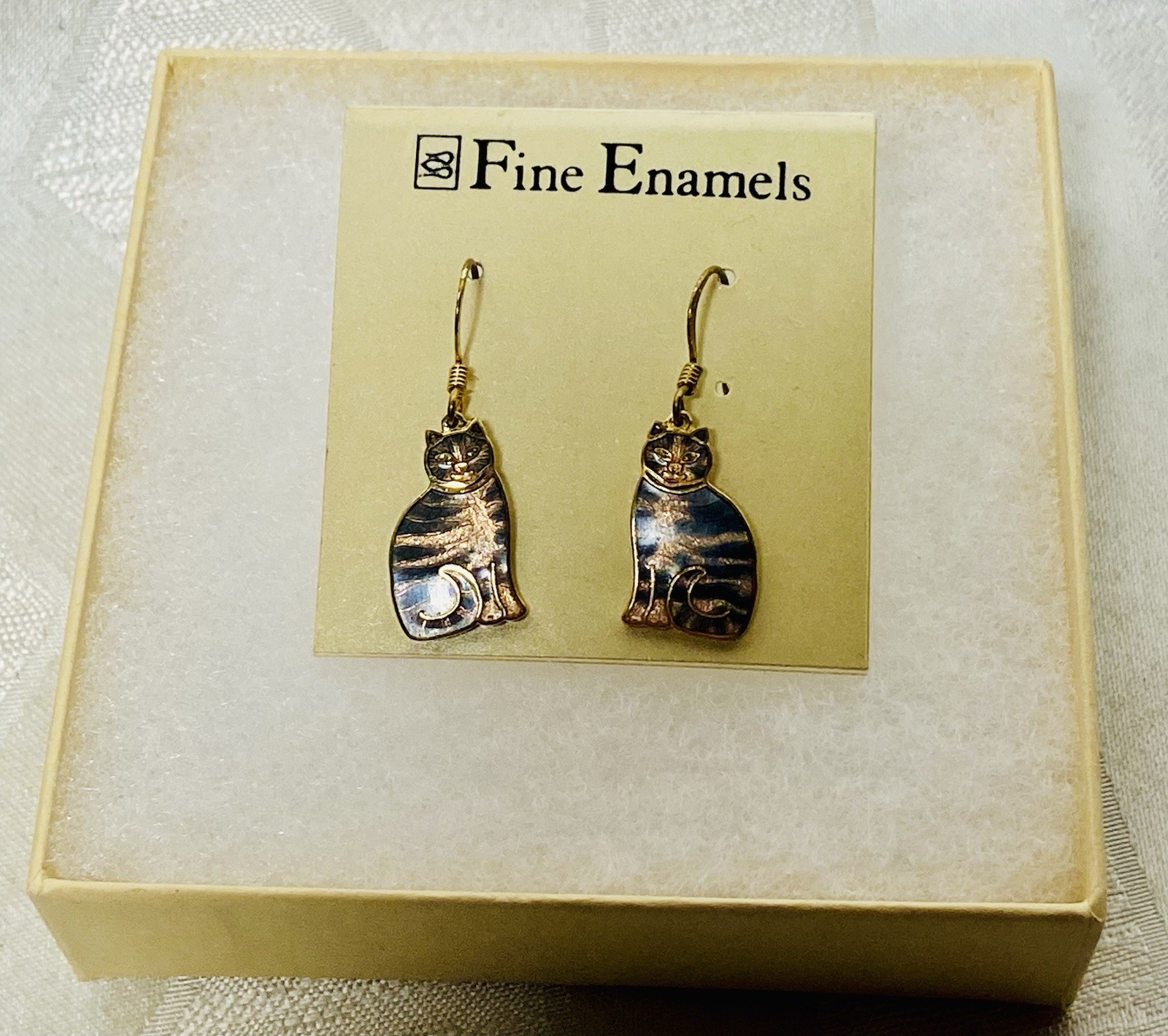 Blue Gold Purple Enamel Tabby Cat Earrings New W Original Box Gold Tone Dangle