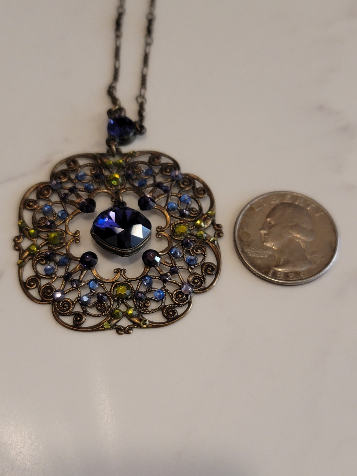Anne Koplik Crystal Filigree Pendant Necklace Purple Blue Green Edwardian Style