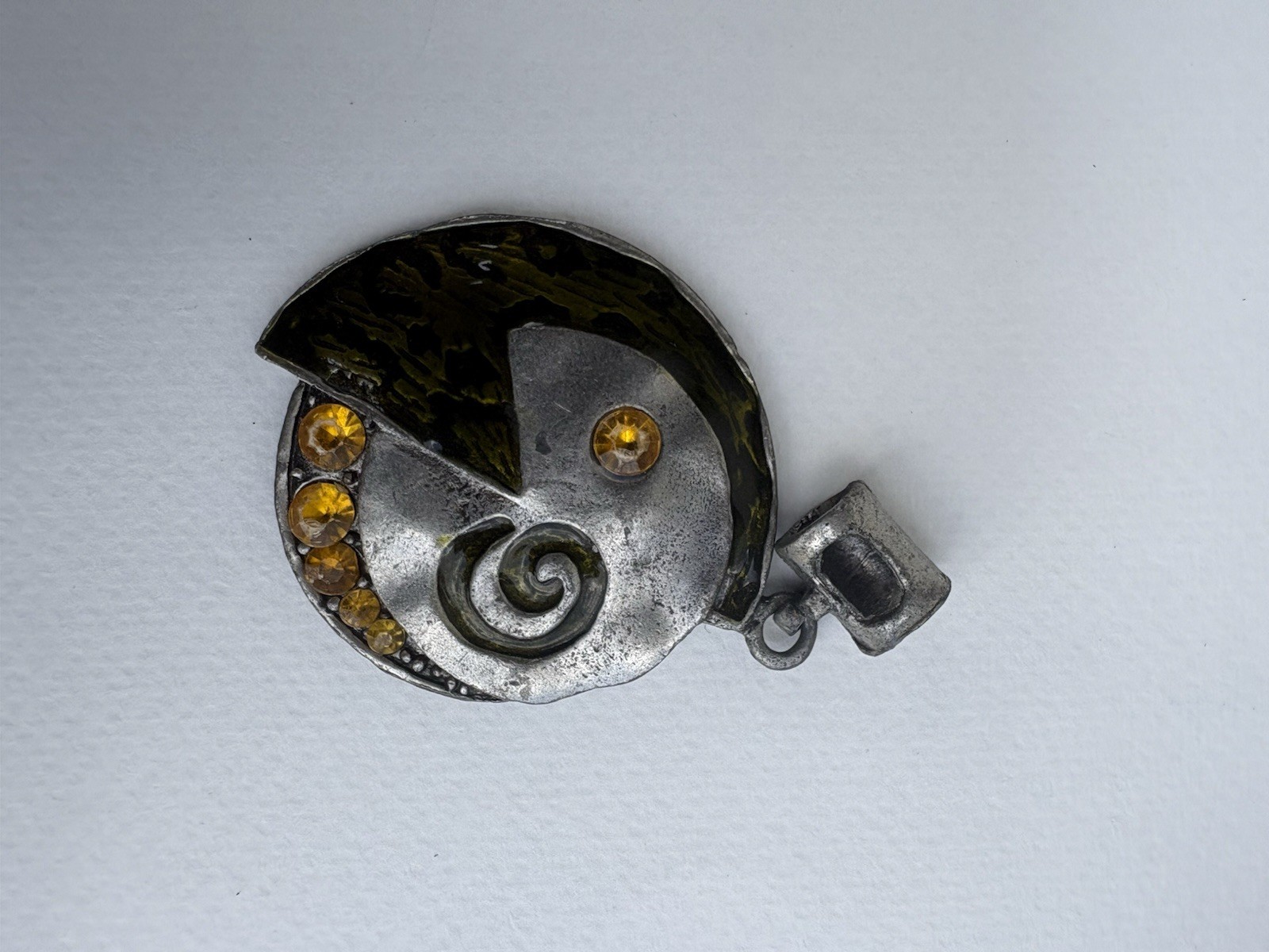 Silver Tone Metal Round Spiral Swirl Pendant w/ Green Accent and Amber Gems